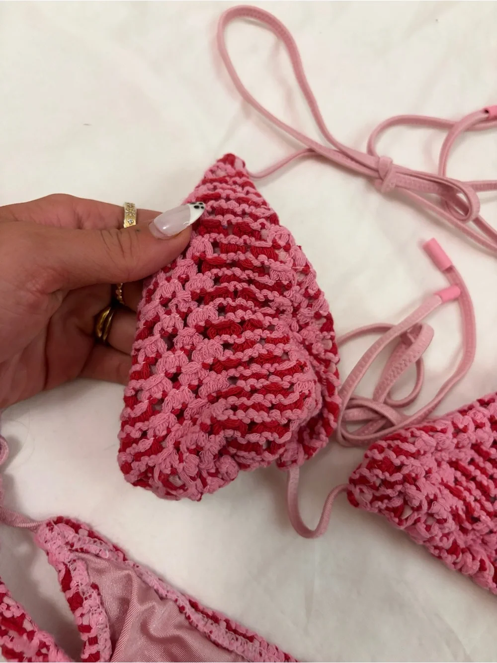 triangl swimwear Pink and Red Crochet Tie Bikini Bottoms